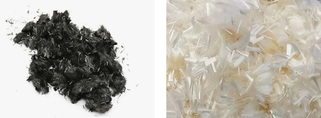 Рисунок 2. Рубленая нить: отходов УВ волокна (слева); отходов ПАН волокна (справа)